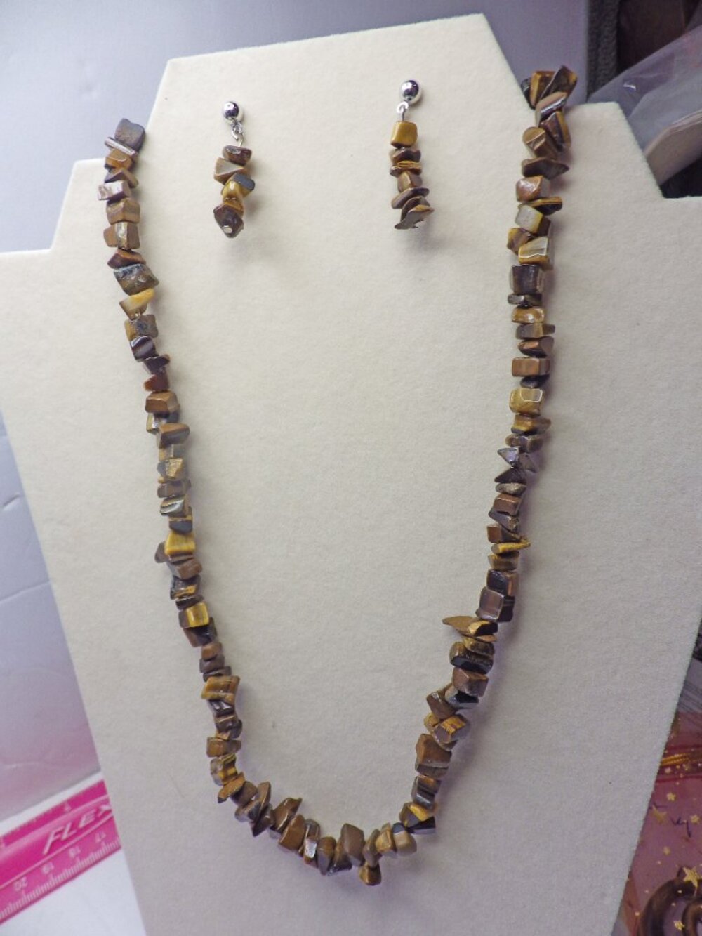 Tiger Eye Chip Necklace, Bracelet, & Earrings Set 704F2